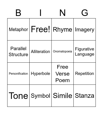 Poetry and Literary Terms Bingo Card
