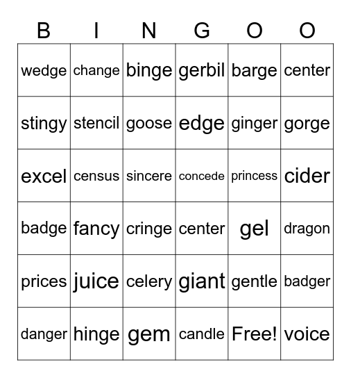 hard and soft c and g Bingo Card