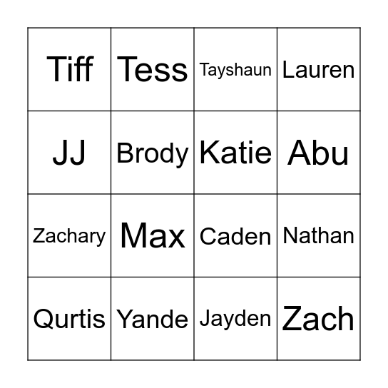 names Bingo Card