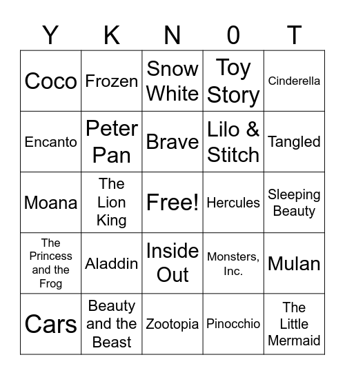 Disney Movies Bingo Card