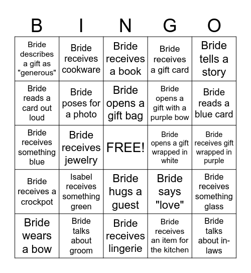 Bridal Shower Bingo Card