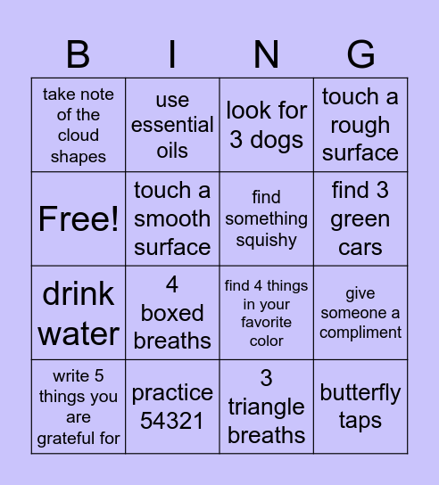 Mindfulness Bingo Card