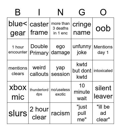 Destiny 2 lfg Bingo Card