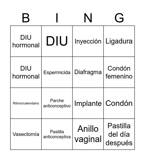 BINGO ANTICEPTIVO Bingo Card