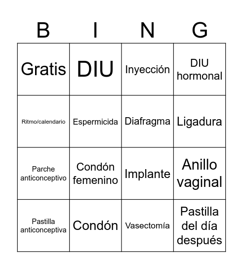 BINGO ANTICEPTIVO Bingo Card