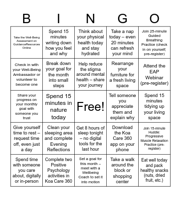 Team Hardy Mental Health Month Bingo Challenge Bingo Card