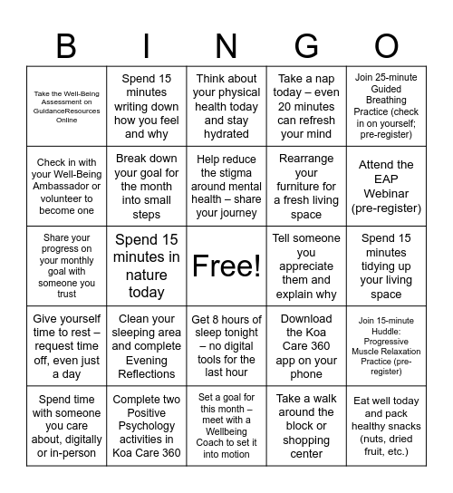 Team Hardy Mental Health Month Bingo Challenge Bingo Card