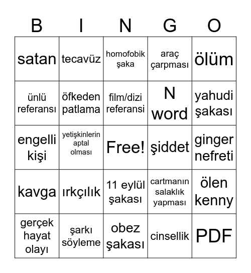 South Park Bingo Card