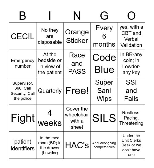 Joint BINGO for CA's and Unit Clerks Bingo Card