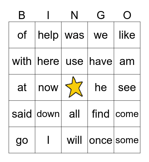Kindergarten Sight Word Bingo Card