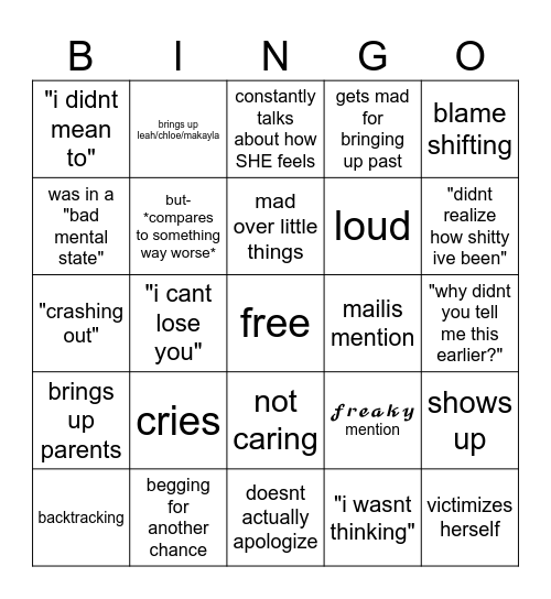 apology bingo Card
