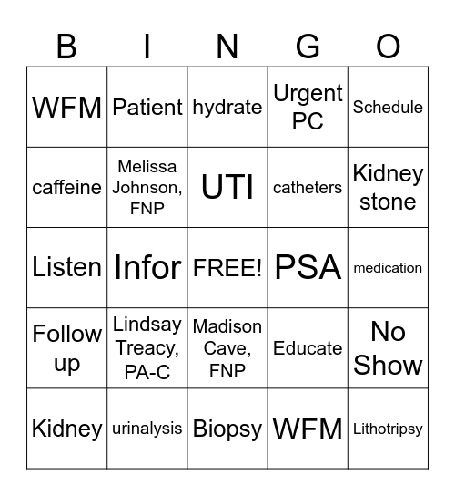 Urology Bingo Card