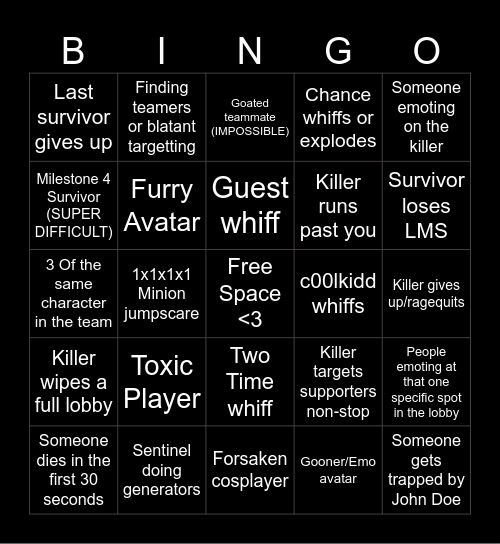 Forsaken Bingo Card