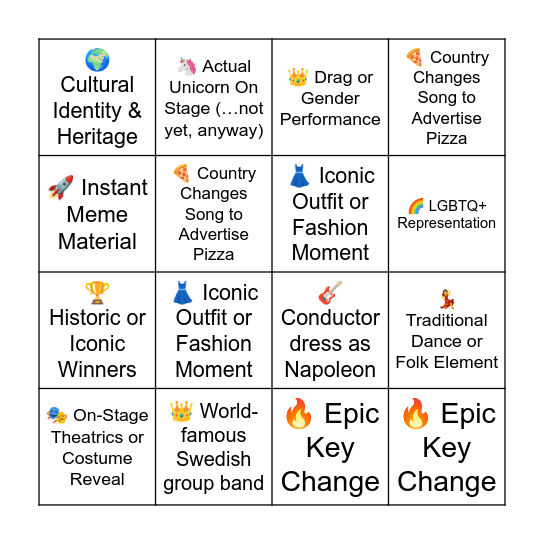 BNEF's Eurovision Cult Fest Bingo Card