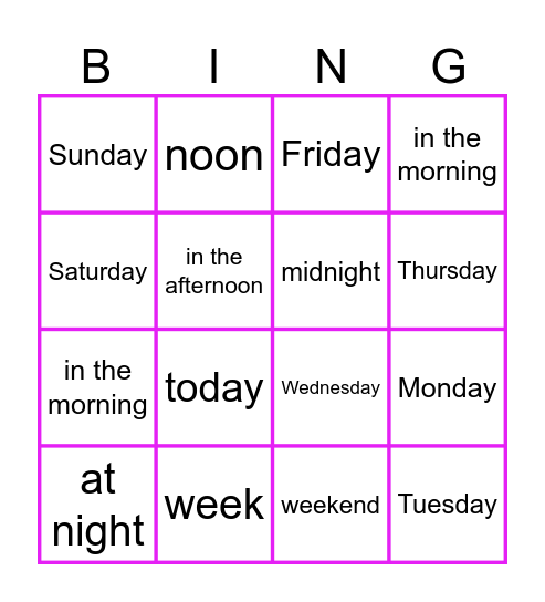Dias de La Semana Bingo Card