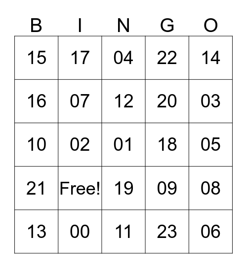 Numbers 00-23 Bingo Card