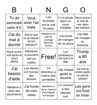 Des expressions avec AVOIR Bingo Card