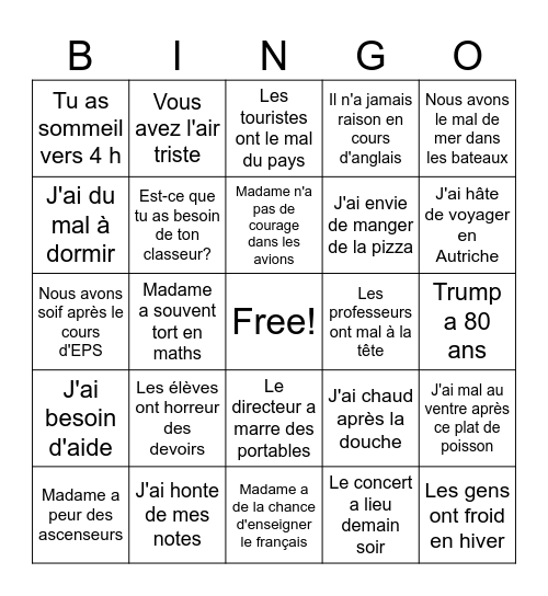 Des expressions avec AVOIR Bingo Card