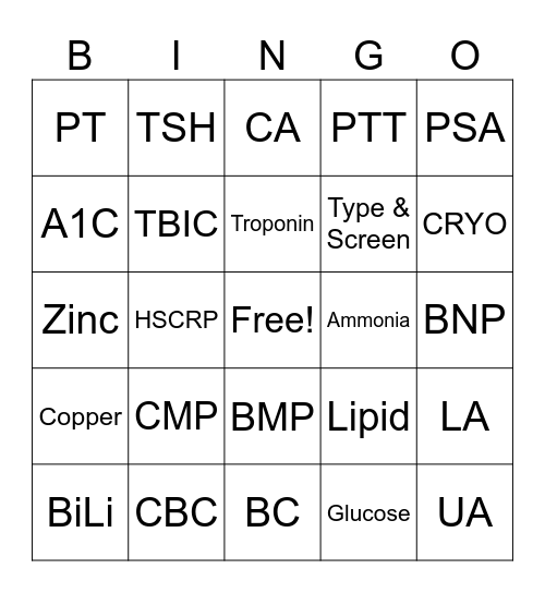 Phlebotomy Test Bingo Card