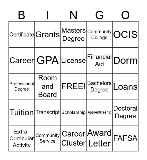 COLLEGE AND CAREER BINGO Card