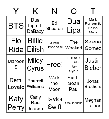 POP Music Bingo Card
