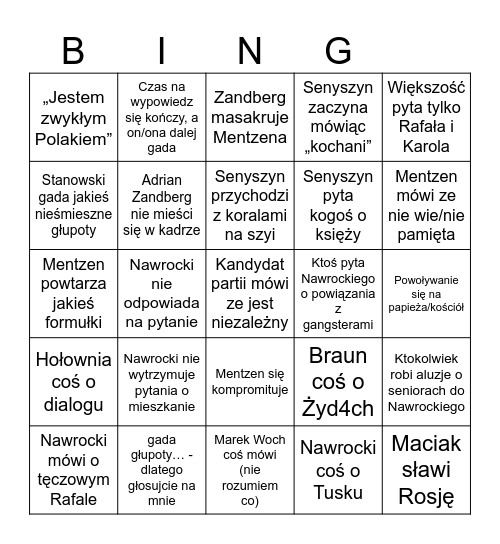 Bingo debata prezydencka Bingo Card