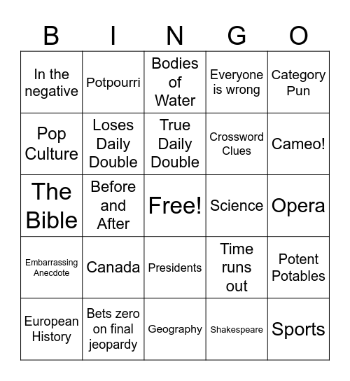 Jeopardy Bingo Card