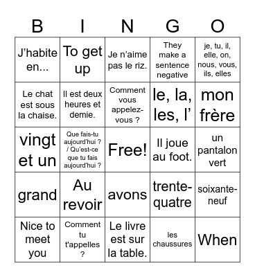 French 1A Semester Review Bingo Card