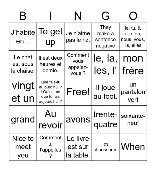 French 1A Semester Review Bingo Card