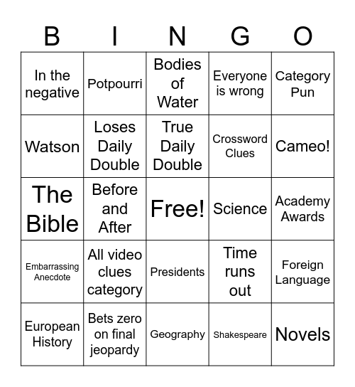 Jeopardy Bingo Card