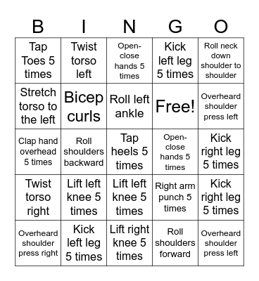 Movement Bingo Exercise Bingo Card
