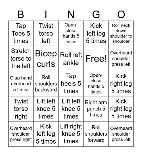 Movement Bingo Exercise Bingo Card