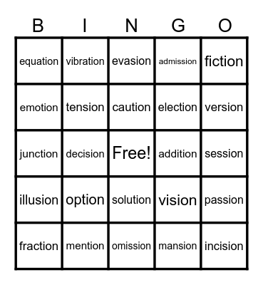 Words Ending With -tion and -sion Bingo Card