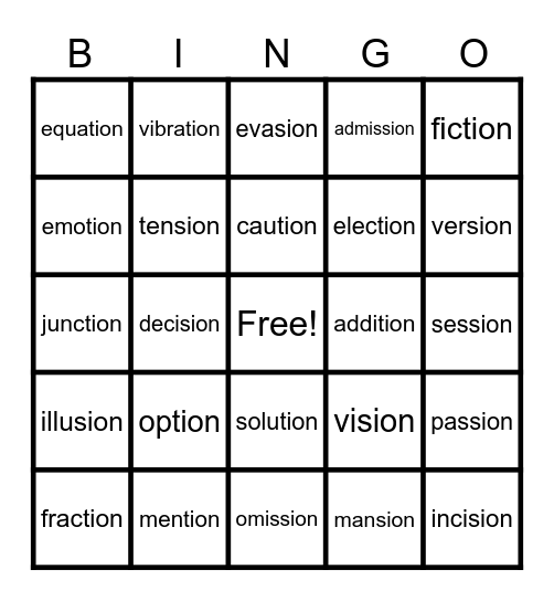 Words Ending With -tion and -sion Bingo Card