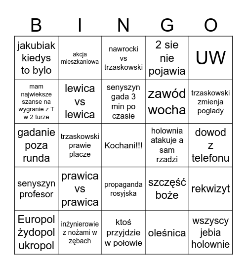debata prezydencja Bingo Card
