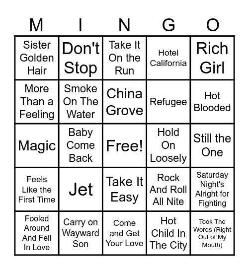 70's Rock Show Super Trans Am 1 Bingo Card