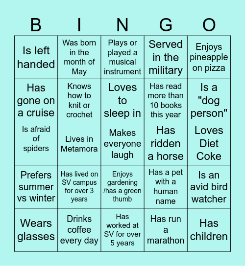 Find someone who...Write the persons name in the bottom of the square Bingo Card