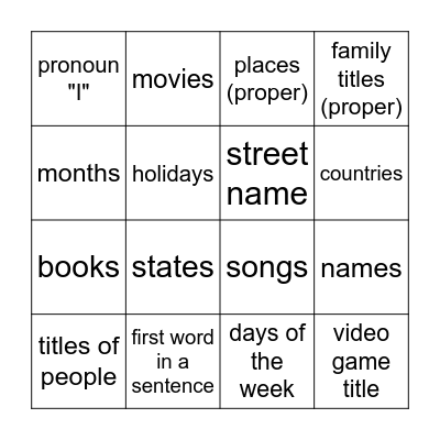 Capitalization Bingo Card