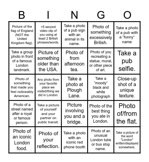 London Photo Bingo Card