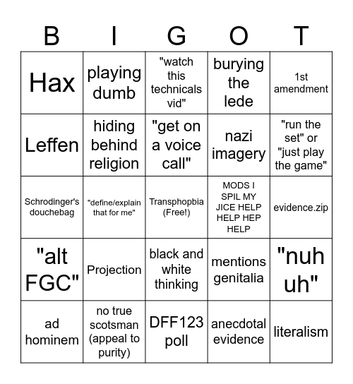 FGC Bigot Bingo Card