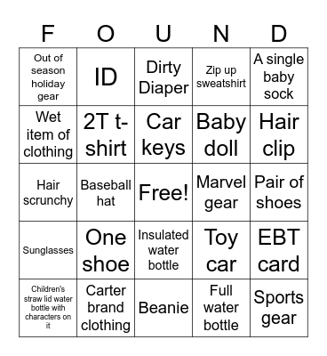 Lost Items Bingo Card