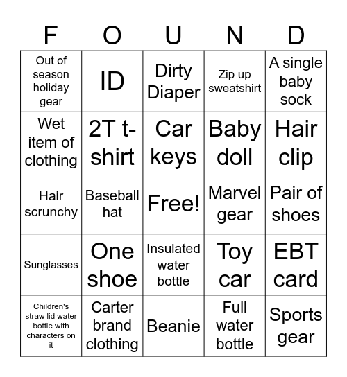 Lost Items Bingo Card