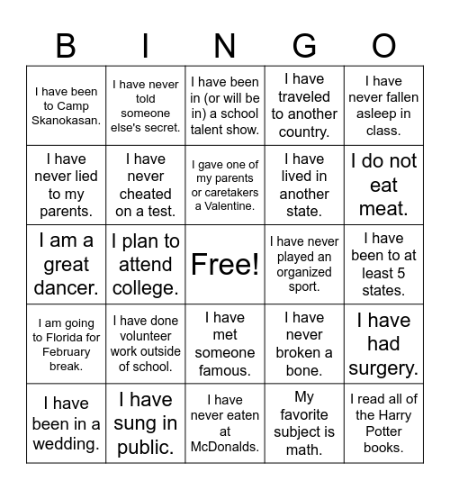 Student Council Bingo Card