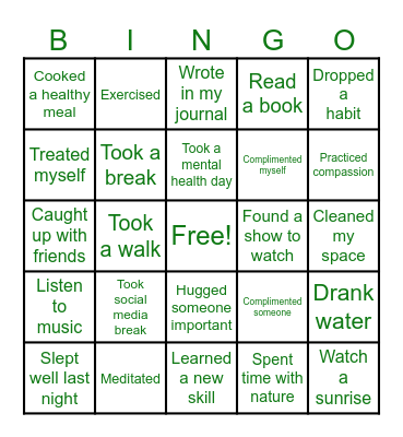 Self Care Bingo Card