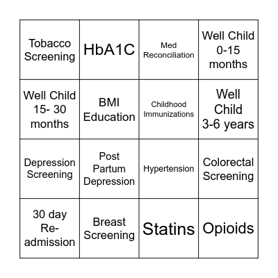 Quality Measure BINGO Card