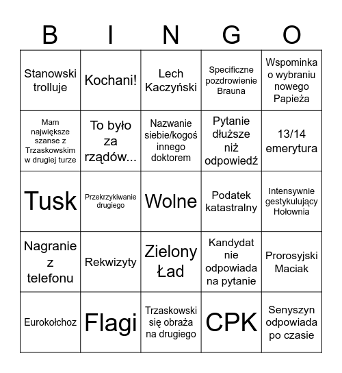 Debata TVP Bingo Card
