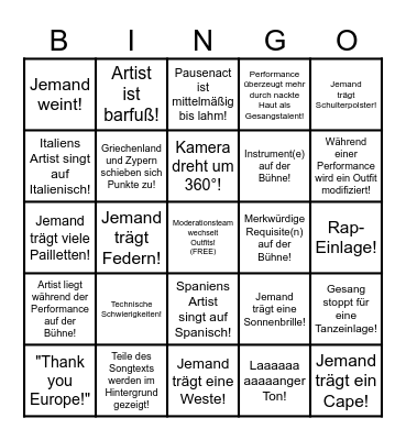 EUROVISION Bingo Card