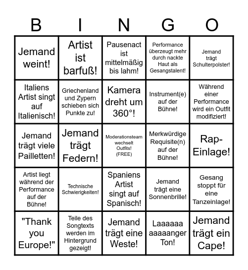 EUROVISION Bingo Card