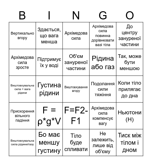 Фізика 3 розділ 5ч "Виштовхувальна сила. Плавання тіл" Bingo Card