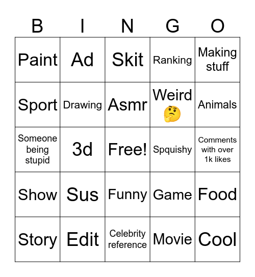 YouTube shorts bingo Card